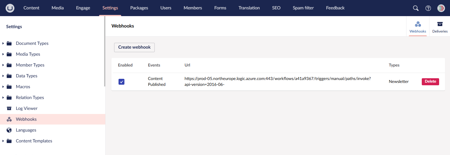 Umbraco Webhooks Dynamics